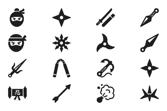 Ninja Icons Collection: A compilation of graphic icons depicting various ninja symbols and weapons, including shuriken, swords, nunchucks, and ninja faces.