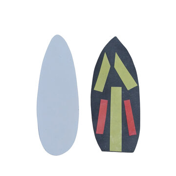 Two elongated oval paper cutouts with one plain light blue shape and one dark grey shape decorated with yellow and red geometric rectangles isolated on a transparent background