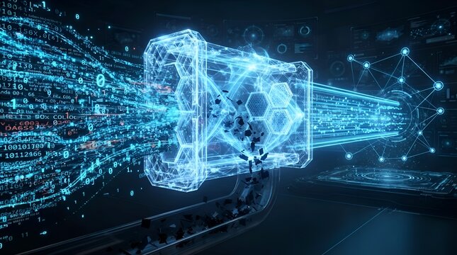 Futuristic digital filter system processing big data and binary code in a high-tech virtual environment, representing cybersecurity, data mining, and advanced information technology separation.