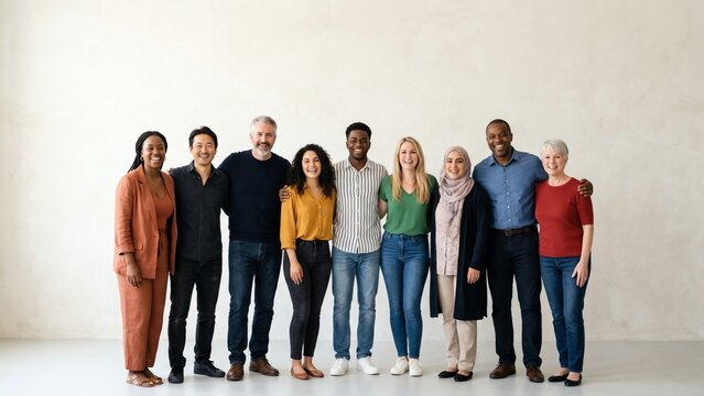 Diverse Group of People Standing Together Smiling Against a Neutral Background