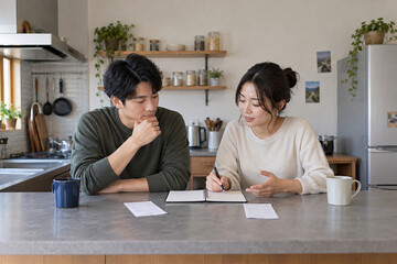 Fototapeta premium Couple reviewing shared household expenses together in their kitchen
