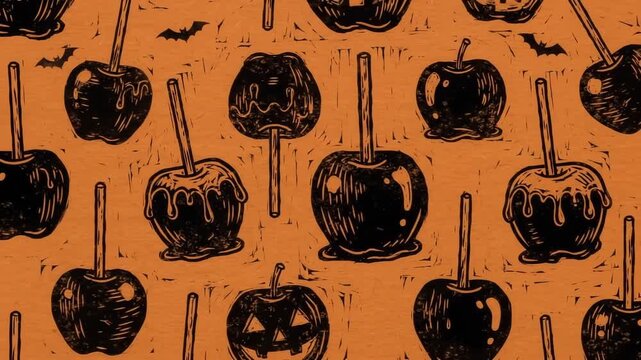 Woodcut style candy pattern on orange halloween background