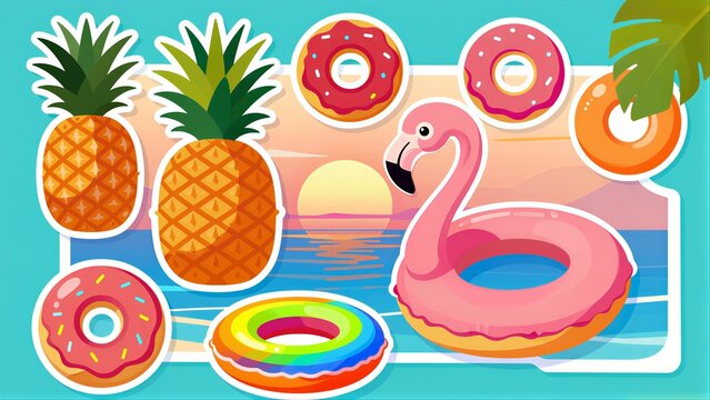 Tropical beach scene with pineapple, donuts, and pink flamingo floaties.