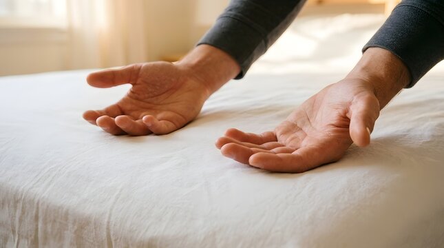 Hospitality standards illustrated by a hotel housekeeper showing empty open hands above a crisp, smooth white bed sheet in a bright, sunlit bedroom setting.