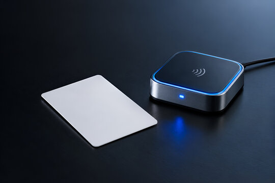 Contactless Access Control Concept with Generic NFC Card and Secure Reader on Dark Modern Surface