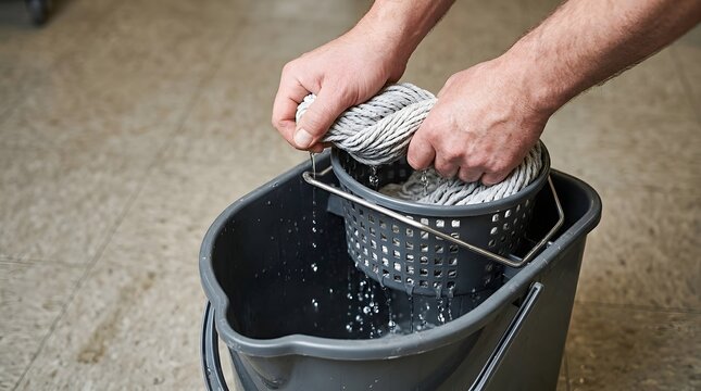 Hands wringing a wet cotton mop into a grey plastic bucket with dirty water on a tiled floor during housekeeping duties.