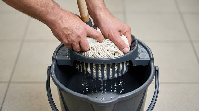 Mop being squeezed by hands into a grey wringer bucket on a tiled floor during house cleaning.