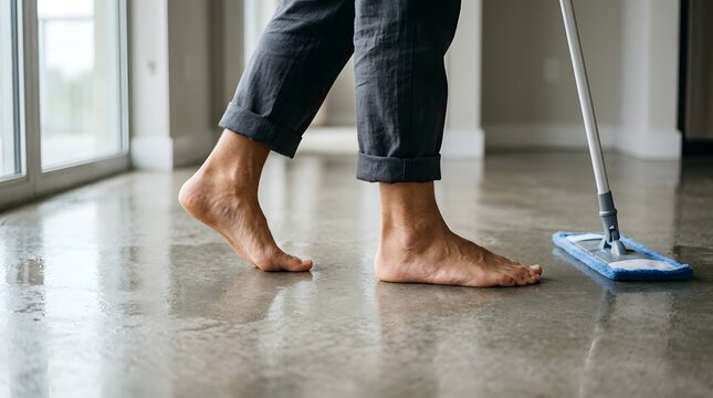 Bare feet walking on a polished concrete floor while mopping with a blue microfiber flat mop.
