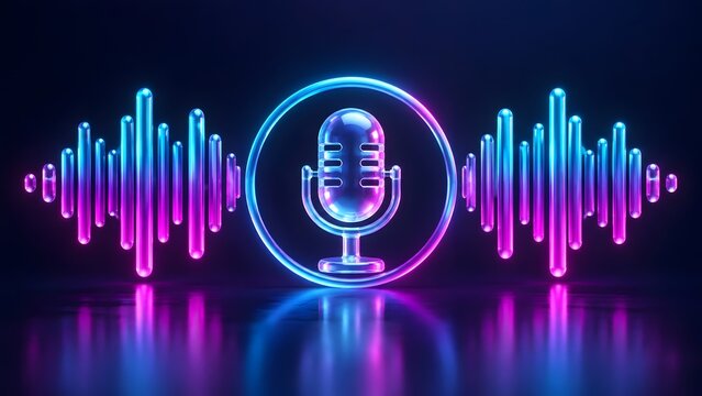 Neon glowing microphone icon with sound wave equalizer bars and circular frame on dark reflective surface representing audio music podcasting and broadcasting concepts.