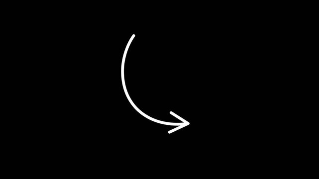 Hand-drawn arrow animation video. Sketch marker arrow, curved arrow direction indicator to the right, black background, 4k video.