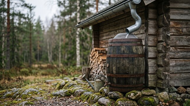 Rainwater harvesting barrel beside rustic off-grid wooden cabin