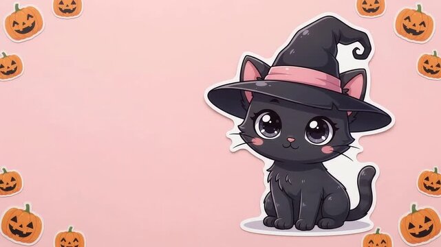 Glossy black cat sticker with witch hat on pink halloween copy space