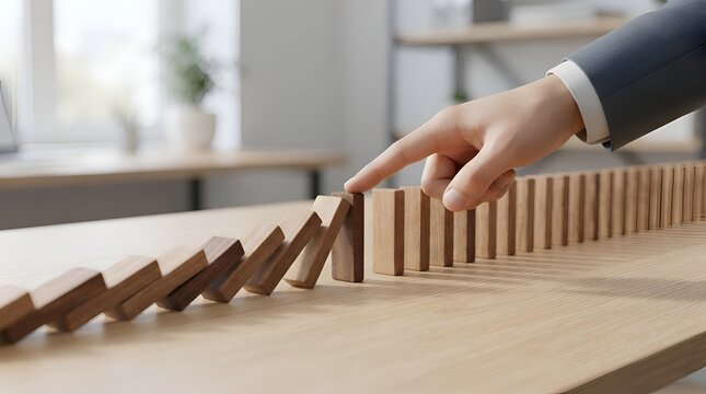 Businessman hand stopping the domino effect of falling wooden blocks on a desk, representing risk management, crisis intervention, and business stability in a modern office environment.