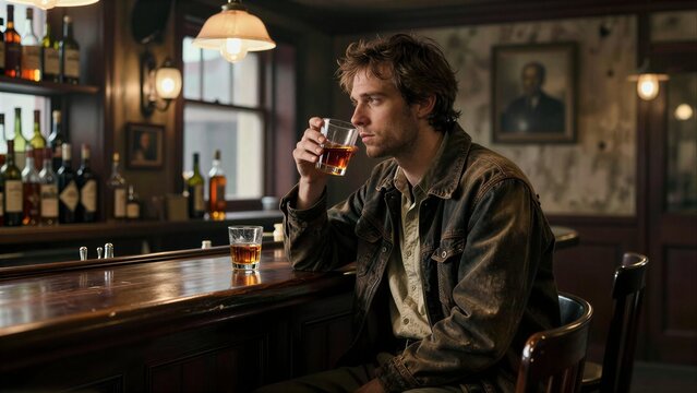 Man sips whiskey at dimly lit bar, contemplative in vintage ambiance.