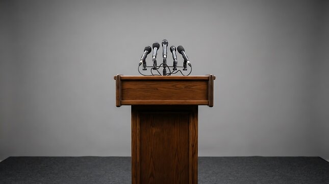 Wooden podium with multiple microphones for a formal press conference or public announcement