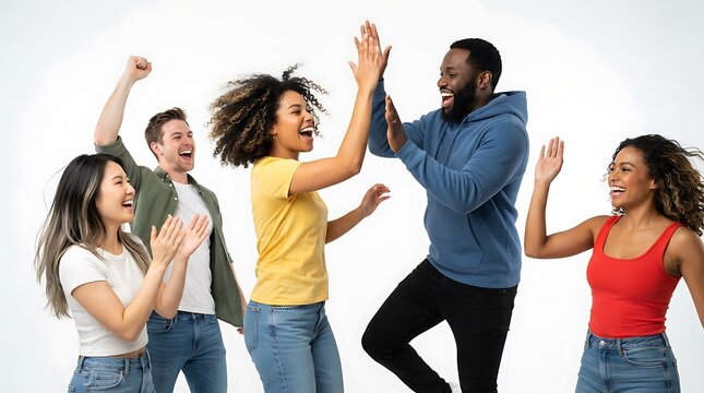 Diverse group of happy friends celebrating success with high fives and cheering in studio