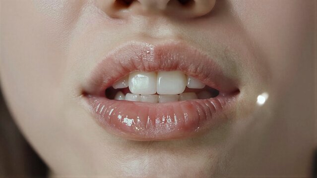 Glossy lips slightly parted, revealing bright white teeth in a close-up shot.
