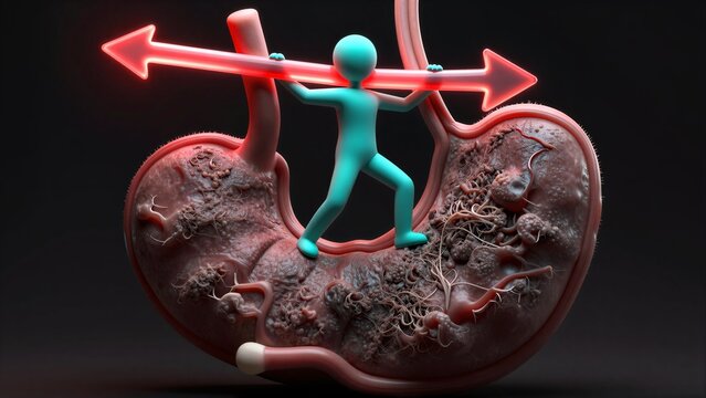 A figure pushes a glowing arrow through a cluttered, diseased stomach.