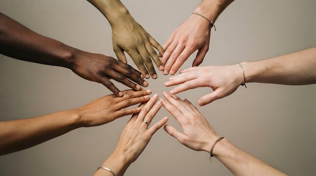 Diverse group of hands reaching toward the center in a circle representing unity and connection