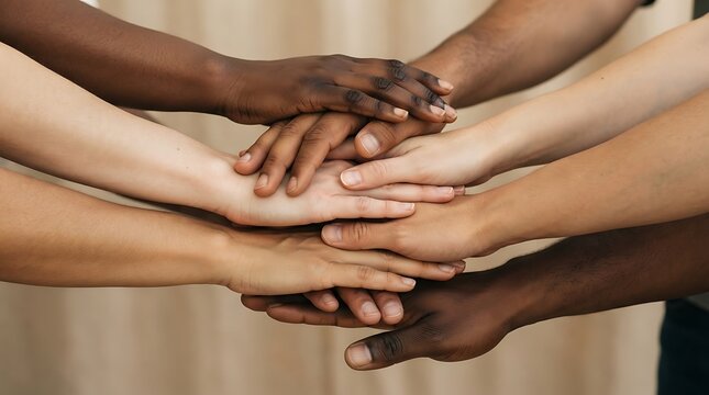 Diverse hands stacked together as a symbol of unity, teamwork, and collective human cooperation