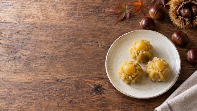 栗きんとんと栗の秋の和菓子を俯瞰で見る