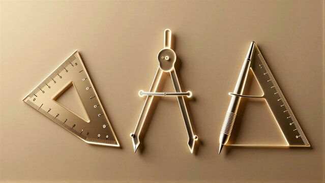 Golden geometric tools arranged neatly on a warm, textured surface.