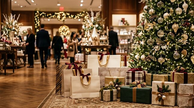 A luxurious store interior decorated for Christmas with a large tree, presents, and shoppers.