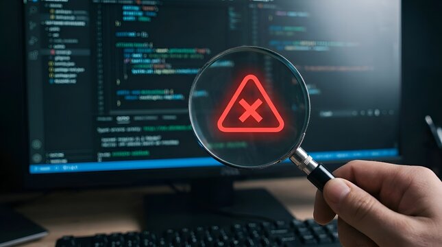 Developer inspecting computer source code with a magnifying glass to find errors, bugs, or security vulnerabilities on a digital monitor in a professional software development environment.