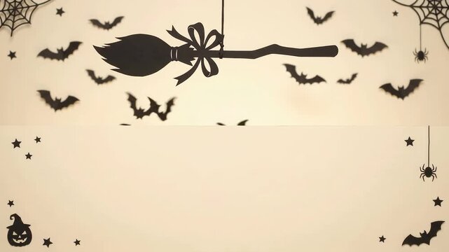 Witch broomstick papercut silhouette on halloween copy space background