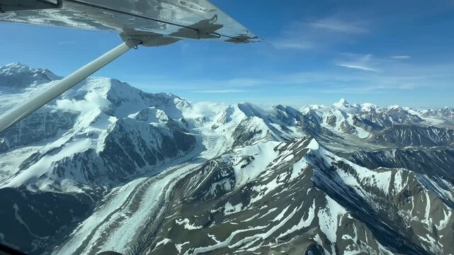 Aerial view, video from the plane, Mount McKinley and glacier in Denali National Park, 6, 195 m, aerial view, Alaska range, Alaska, USA