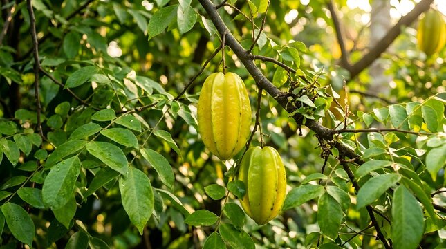 Fresh Yellow Ripe Starfruits Growing on a Tree Branch in a Tropical Garden, Close-up of Averrhoa Carambola Fruits Ready for Harvest with Green Leaves and Natural Sunlight Background