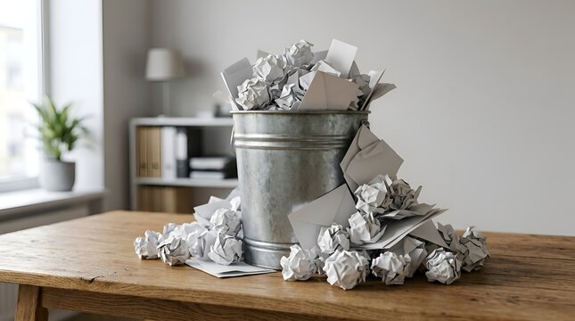 Overflowing Metal Trash Can Filled with Crumpled Paper and Envelopes on a Wooden Office Desk, Symbolizing Work Overload, Waste, and Failed Ideas in a Modern Professional Workspace Setting