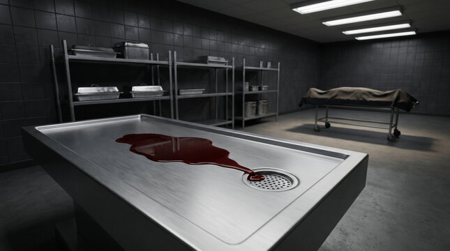 Hospital horror room with blood stained autopsy table and covered body under harsh light. Abandoned building interior empty. creepy scarey fear halloween, old grunge dirty vintage background