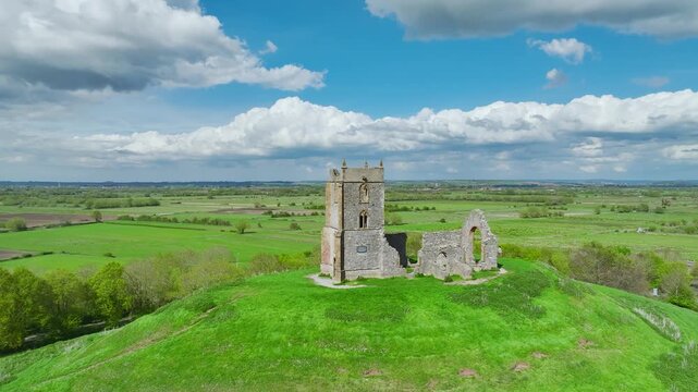 Burrow Mump from a drone, Southlake Moor, Burrowbridge, Taunton, Somerset, England, United Kingdom