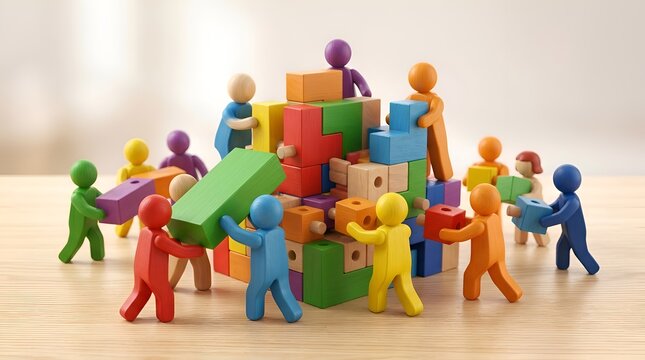 Concept of teamwork and collaboration with diverse colorful wooden figures working together to build a complex structure of wooden blocks on a table, symbolizing business growth and unity