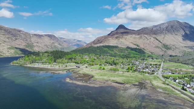 Loch Leven and Holiday Parkfrom a drone, Glencoe, Highland, Scotland, United Kingdom