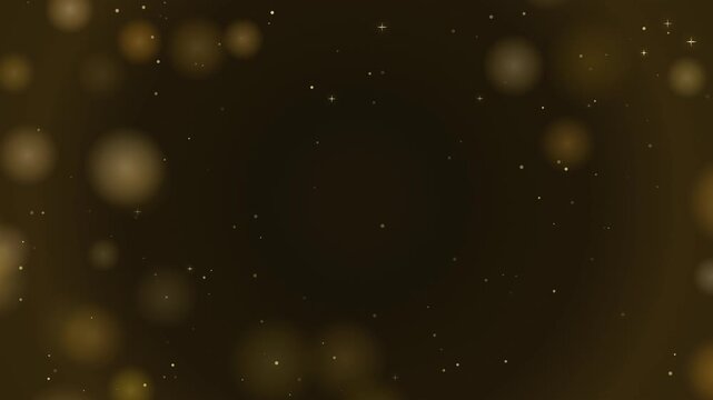 Golden Bokeh Particles and Shimmering Dust Floating on Dark Background.