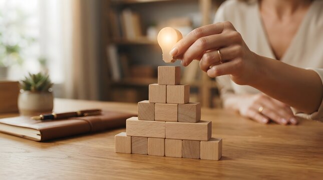 Close Up of Woman Hand Building a Pyramid with Wooden Blocks and Placing a Glowing Light Bulb Icon on Top Symbolizing Innovation, Success, Leadership, and Creative Business Idea Strategy Concept