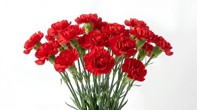 Vibrant red carnations bouquet with green stems on white background