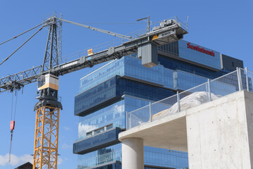 Obraz premium construction of the Distillery District / Corktown Ontario Line station with view of The Globe and Mail Centre and Scotiabank sign, located at 351 King St E, Toronto