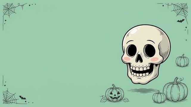 Smiling skull animation on mint green halloween copy space background