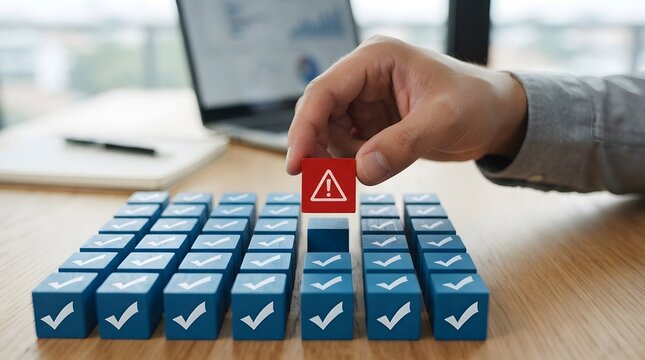 Close-up of a businessman hand selecting a red block with a warning exclamation mark icon from a row of blue blocks with checkmarks, representing risk management, error detection and problem solving