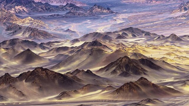 High angle shot reveals dark mountain peaks stretching across a vast desert landscape under bright light in Qinghai.