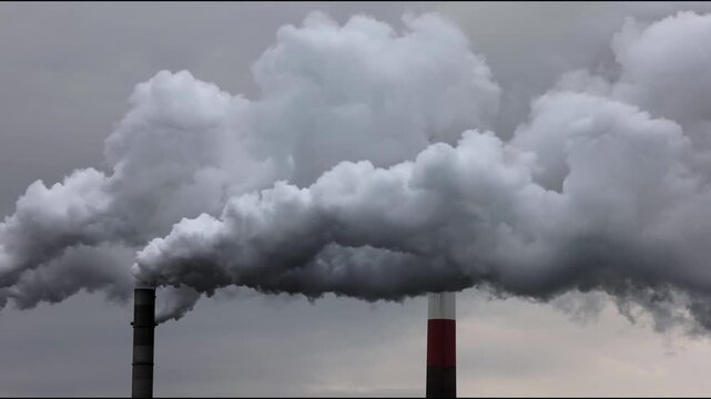 Pollution, industry, smoke pouring out of a factory chimney, Lenzing, Upper Austria, Austria