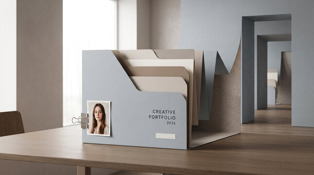 Minimalist stationery mockup of grey magazine file organizer with model photo ID card