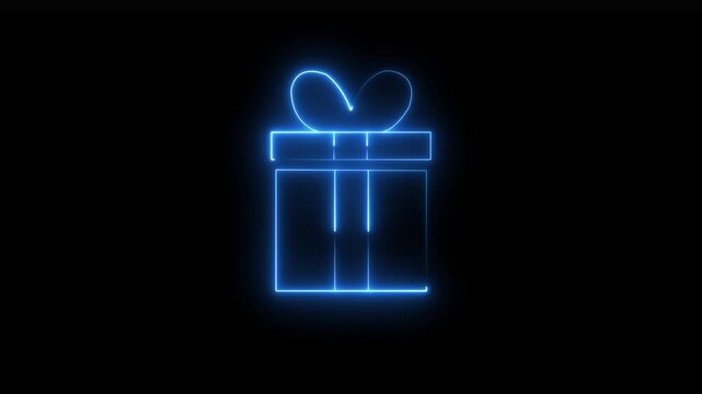 Glowing neon gift box icon. Neon line gift box moving on black background. Birthday shopping symbol. Gift box icon animation