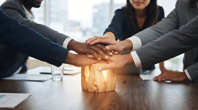 Diverse business professional team joining hands in a stack over a glowing wooden block on a conference table, symbolizing unity, collaboration, strength, and corporate partnership.