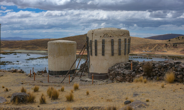 Atuncolla, Peru - September 12, 2026: Chullpas in Sillustani, is an archaeological site and pre-Hispanic funerary complex located on the Umayo peninsula, in Atuncolla, Peru.