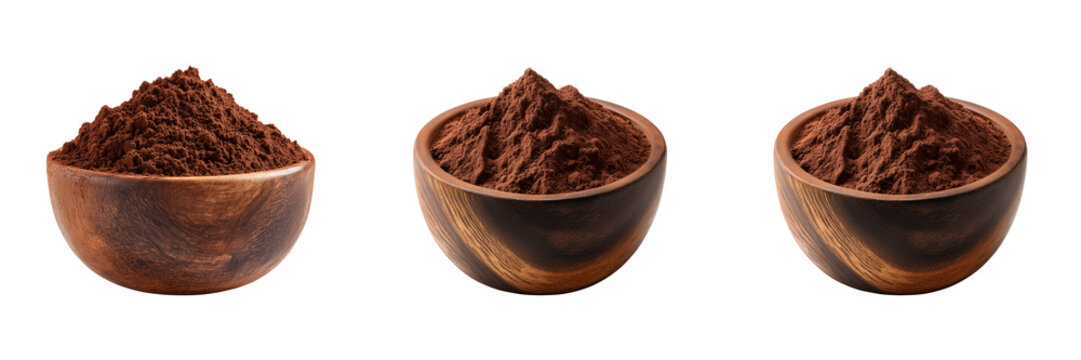 Set of Fine dark cocoa powder in a handcrafted wooden bowl on transparent png background. Ai generated