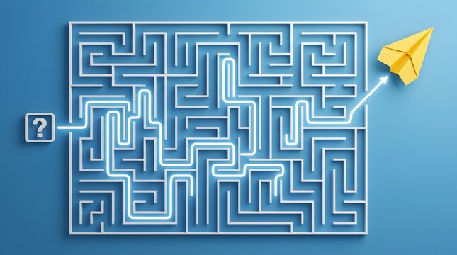 Conceptual illustration of finding a creative solution and success path, featuring a glowing white line navigating through a complex maze toward a yellow paper plane on a blue background.